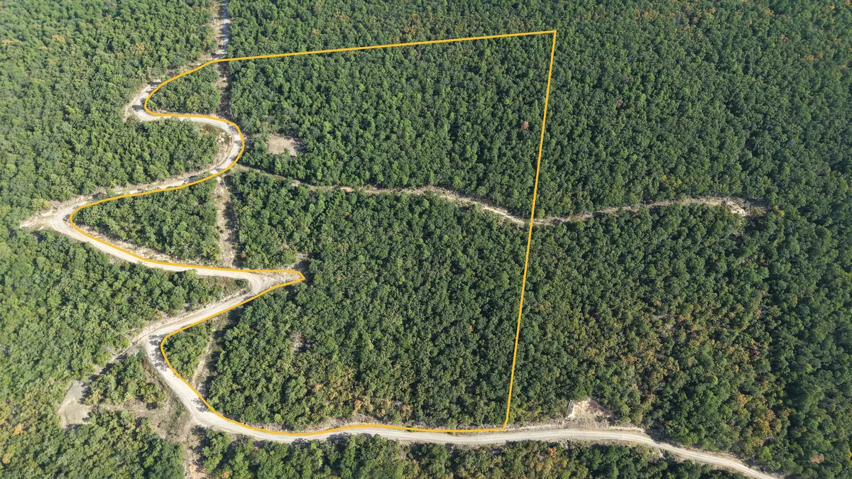 Aerial project view of a winding road through the wooded Moonshine Mountain terrain