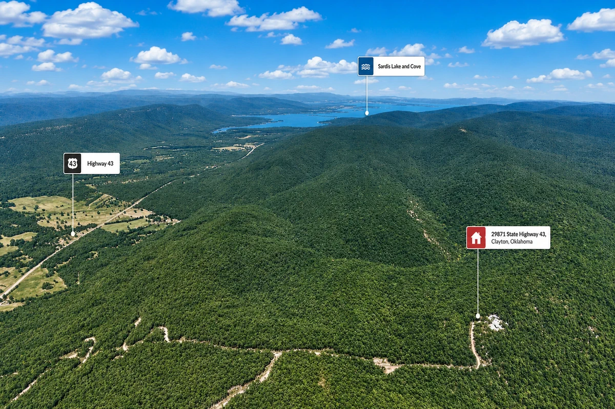 High aerial overview locating Moonshine Mountain above Sardis Lake country