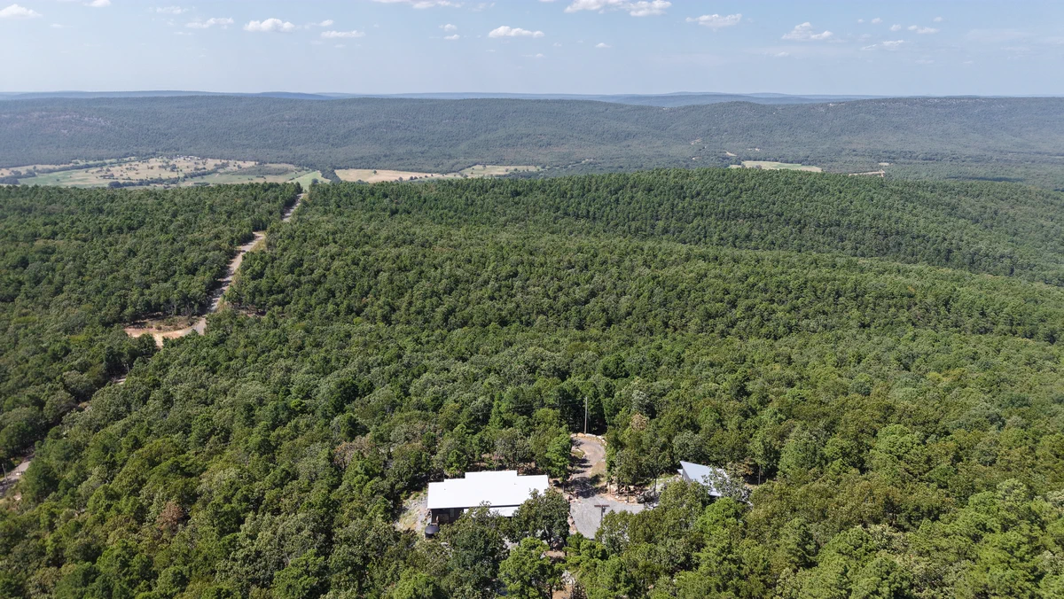 Oblique aerial view of the wooded ridgeline and Moonshine Mountain property