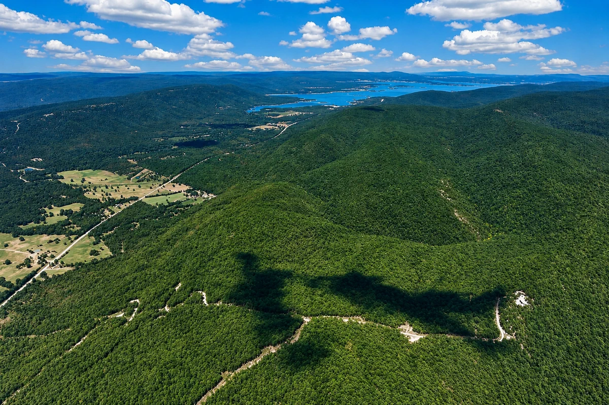 High aerial view across the mountain ridges toward Sardis Lake