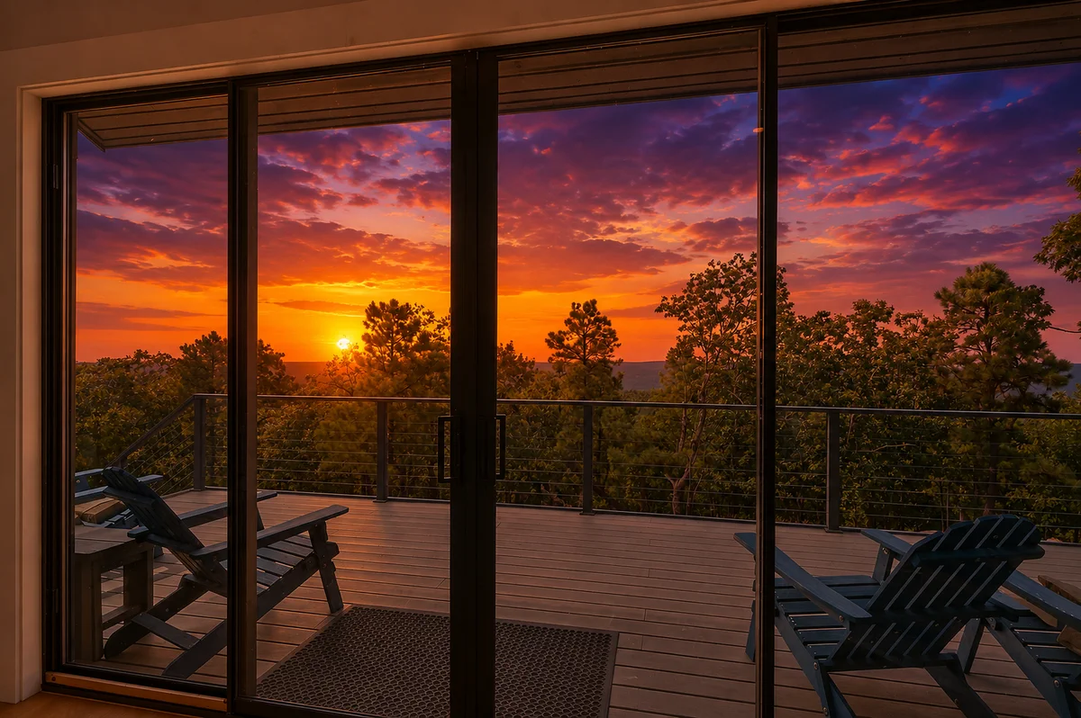 Sunset viewed through the glass doors from the deck at 10 Moonshine Drive