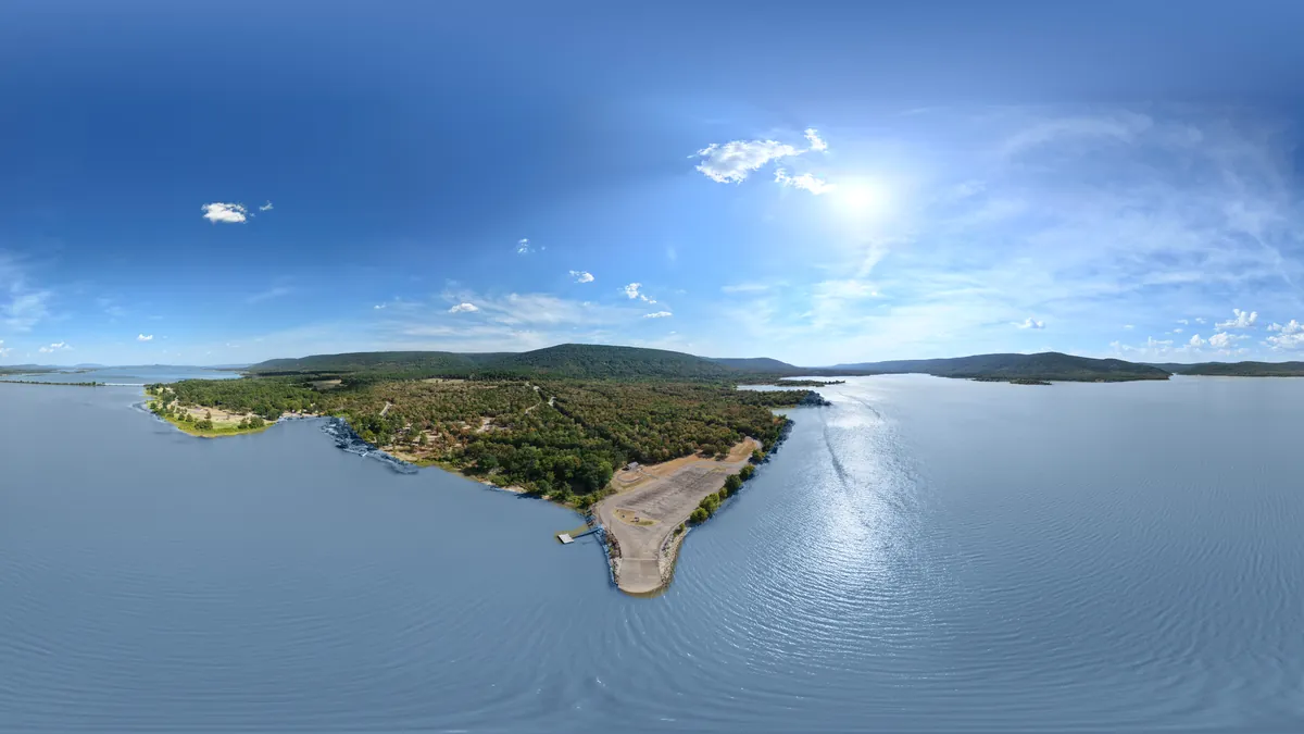 Aerial view across Sardis Lake and its wooded shoreline in southeastern Oklahoma
